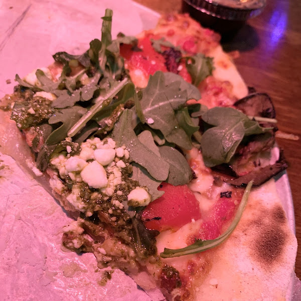 Eggplant, goat cheese, arugula pizza- gf crust