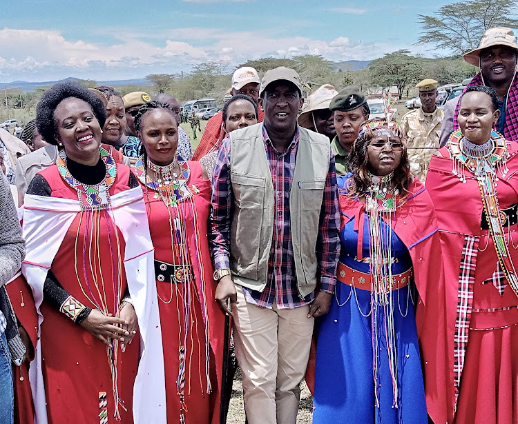 Narok Governor Patrick ole Ntutu, Tourism CS Peninah Malonzo, Wildlife PS Silvia Museiya and Environment CS Soipan Tuya in Sekenani, Narok county, on Thursday.