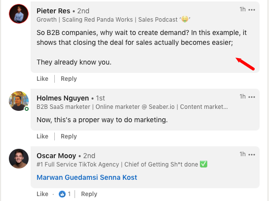 LinkedIn comments section example