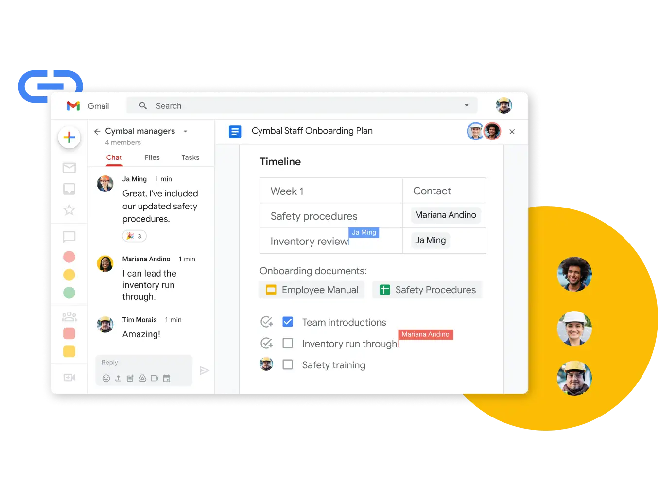 Afbeelding van Google Workspace-interface: teamleden bewerken samen een document terwijl ze live chatten