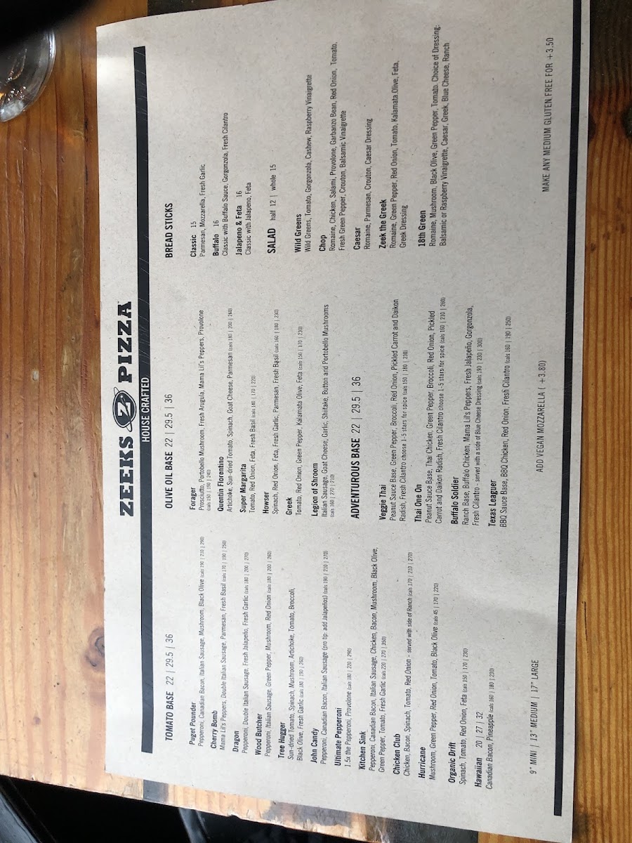 Zeeks Pizza gluten-free menu