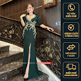 Đầm Dạ Hội Xanh Rêu Dự Tiệc Phối Lưới Đính Đá Hình Hoa Cao Cấp Gina Dress