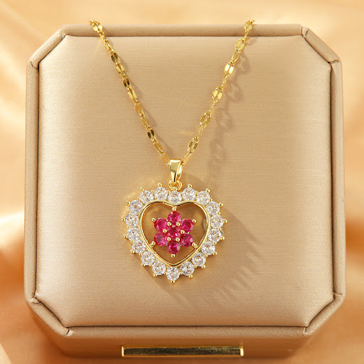 Title 3, Design Loving Heart Zircon Flower Titanium Stee...