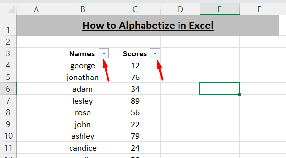 how to alphabetize in Excel- filter command to the headings