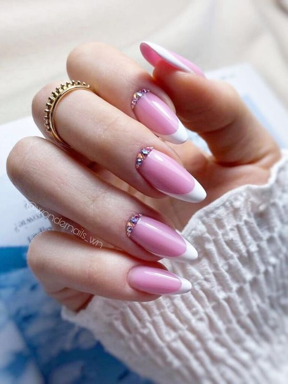 Full view of the pink and white nails