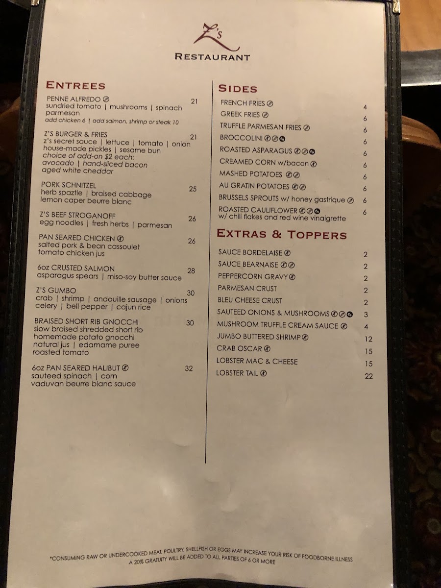 Z's Steak and Chop Haus gluten-free menu