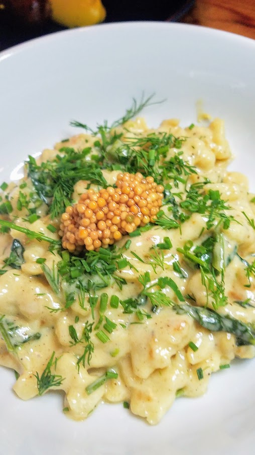 Dinner at Delores PDX: Spatzle, gruyere cream, soft herbs, pickled mustard seeds