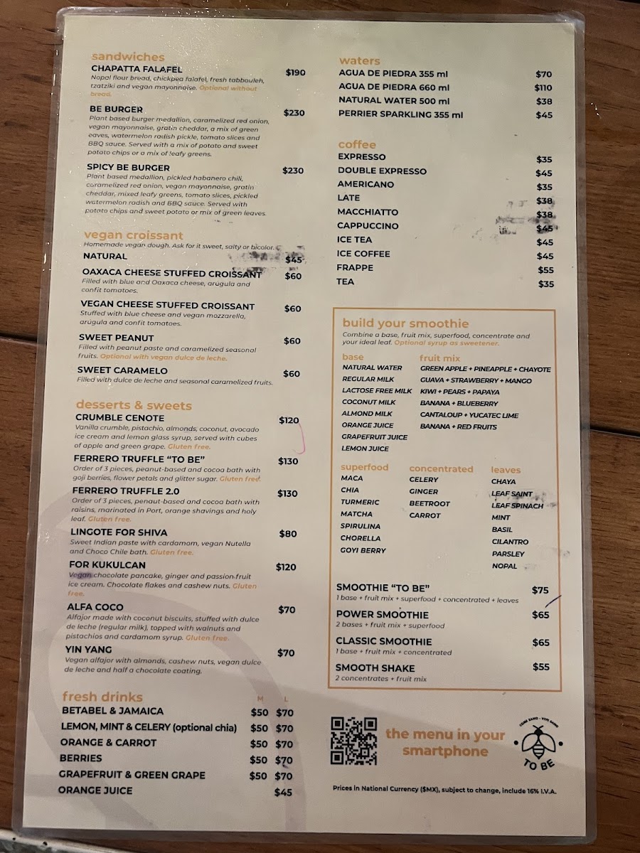 To Be gluten-free menu