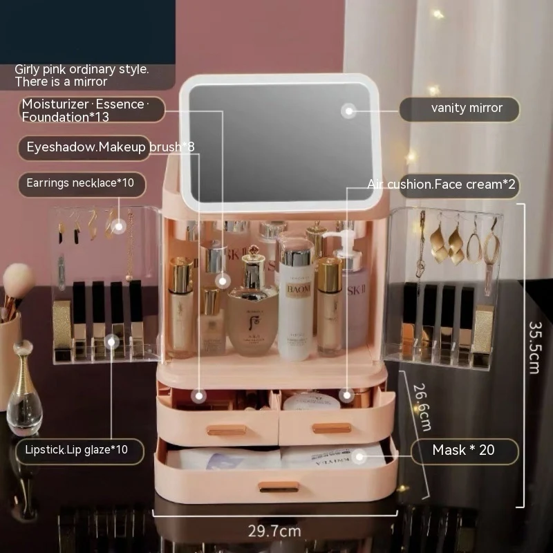 Espejo con luz y almacenamiento cosméticos grande para escritorio. Guarda labiales, productos cuidado piel y maquillaje en esta caja.