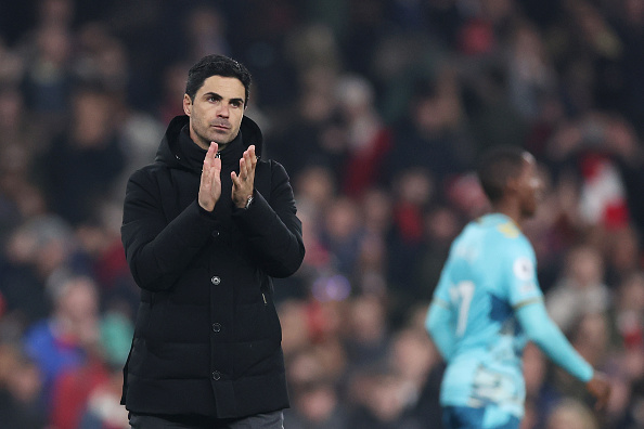 Arsenal manager Mikel Arteta applauds the fans after their Premier League draw with Southampton at Emirates Stadium on April 21, 2023 in London, England.