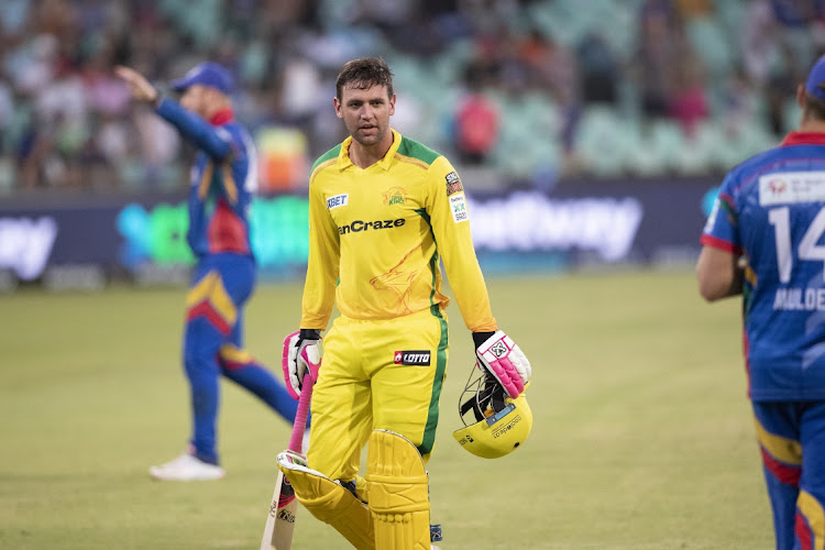 Donavon Ferreira of Joburg Super Kings walks off the field at the end of the innings during the Betway SA20 match between Durban's Super Giants and Joburg Super Kings at Kingsmead Stadium on January 11, 2023 in Durban.