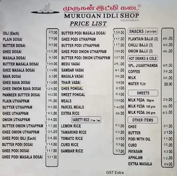 Murugan Idli Shop menu 