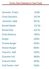 Chotu Ram Sweets And Fast Food menu 1