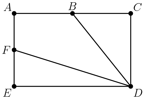 [asy] pair A,B,C,D,EE,F; A = (0,20); B = (16,20); C = (32,20); D = (32,0); EE = (0,0); F = (0,10); draw(A--C--D--EE--cycle); draw(B--D--F); dot(A); dot(B); dot(C); dot(D); dot(EE); dot(F); label("$A$",A,NW); label("$B$",B,N); label("$C$",C,NE); label("$D$",D,SE); label("$E$",EE,SW); label("$F$",F,W); [/asy]