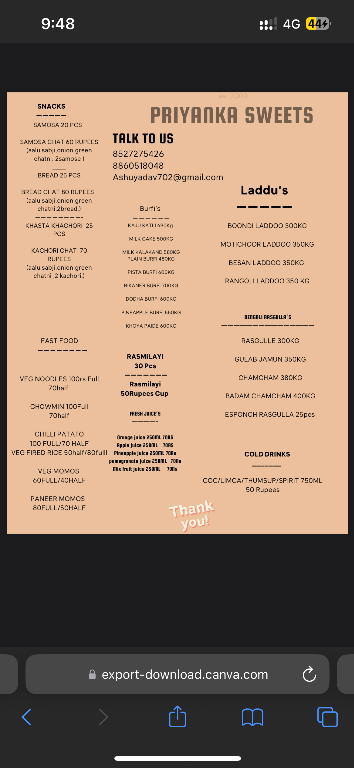 Priyanka Sweet Shop menu 