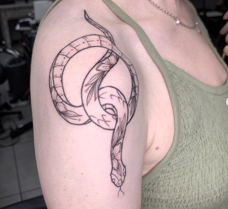 Floral Snake Tattoo On Shoulder