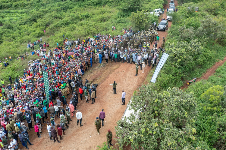 Residents of Murang'a County throng Kiambicho Forest Karua Hill A during the national tree planting day on May 10, 2024.