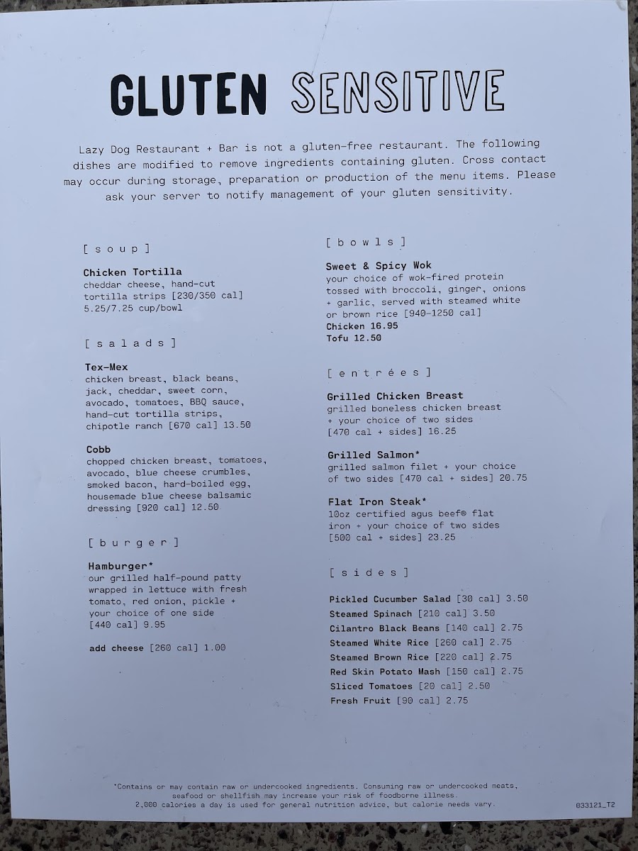 Lazy Dog Restaurant & Bar gluten-free menu