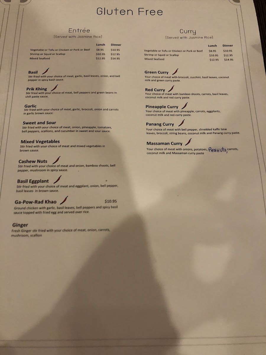 Thai Eatery gluten-free menu