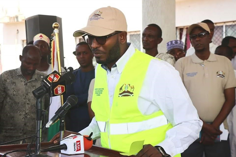 Wajir governor Ahmed Abdullahi speaking to the press outside his office after flagging off livestock feeds outside his office on Monday.