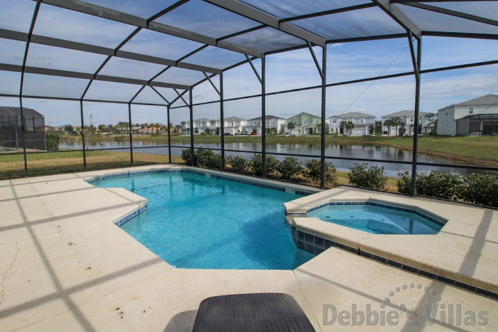 Lake view from the southeast-facing private pool and spa at this Solterra vacation villa