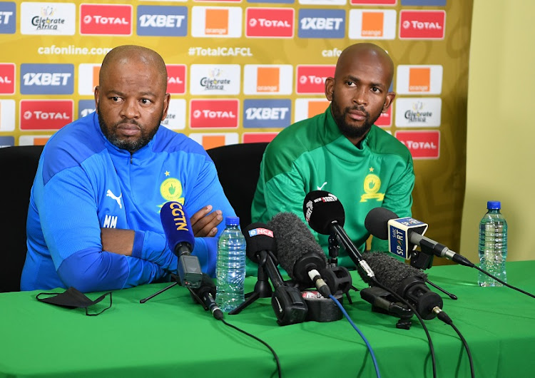 Mamelodi Sundowns coach Manqoba Mngqithi and Mosa Lebusa during the Mamelodi Sundowns press conference at Chloorkop on May 20, 2021 in Pretoria, South Africa.