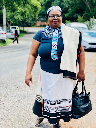 The traditional skirt, umbhaco, worn by a Xhosa woman Nokubonga Maposa.