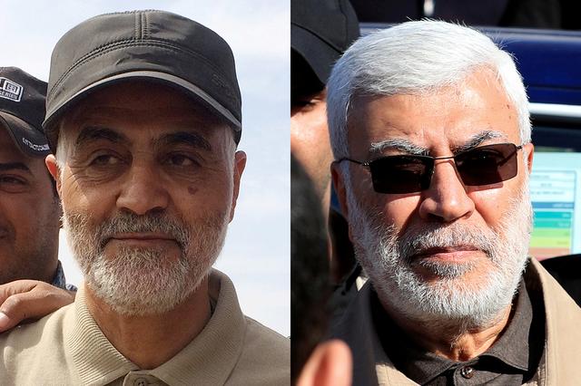 Combination photo of Iranian Revolutionary Guard Commander Qassem Soleimani (L) and Abu Mahdi al-Muhandis, a commander in the Popular Mobilization Forces.