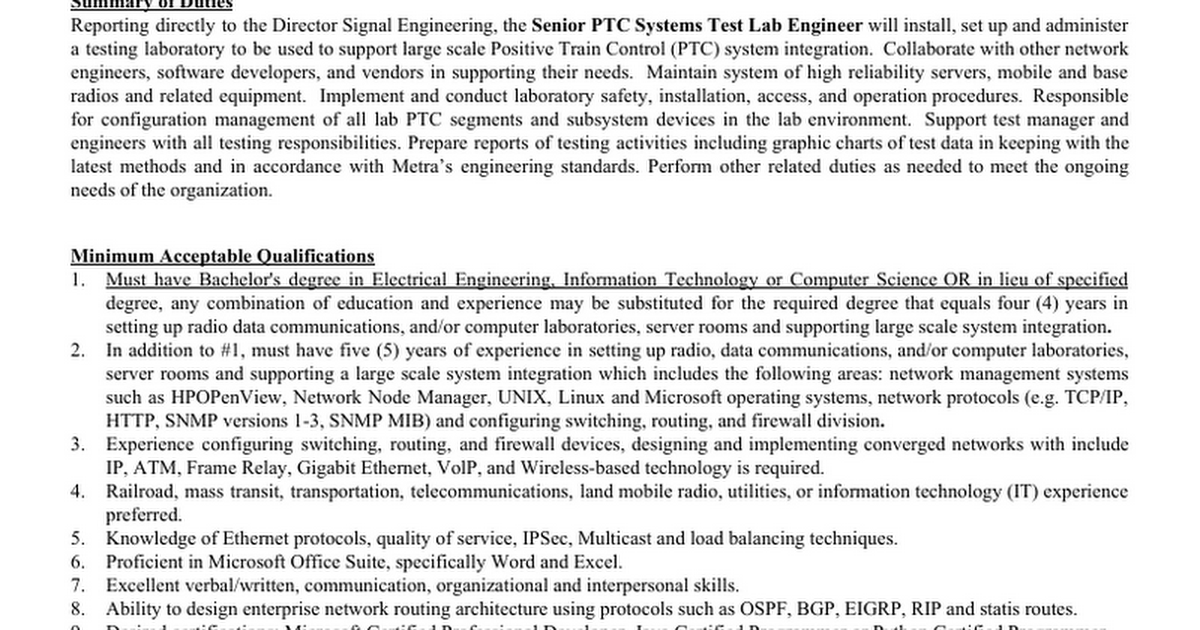 Senior PTC Test Lab Engineer #257