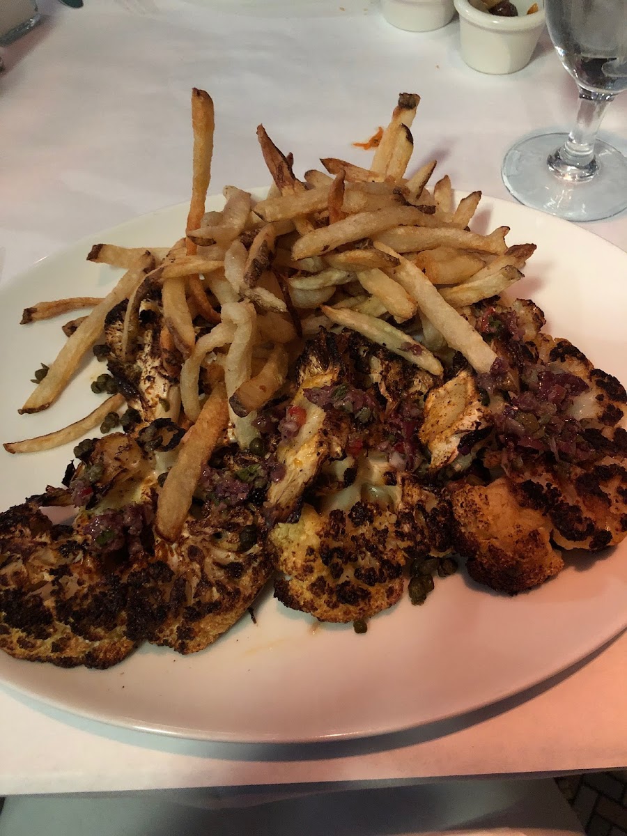 Vegan and gluten free cauliflower “steak” and frits