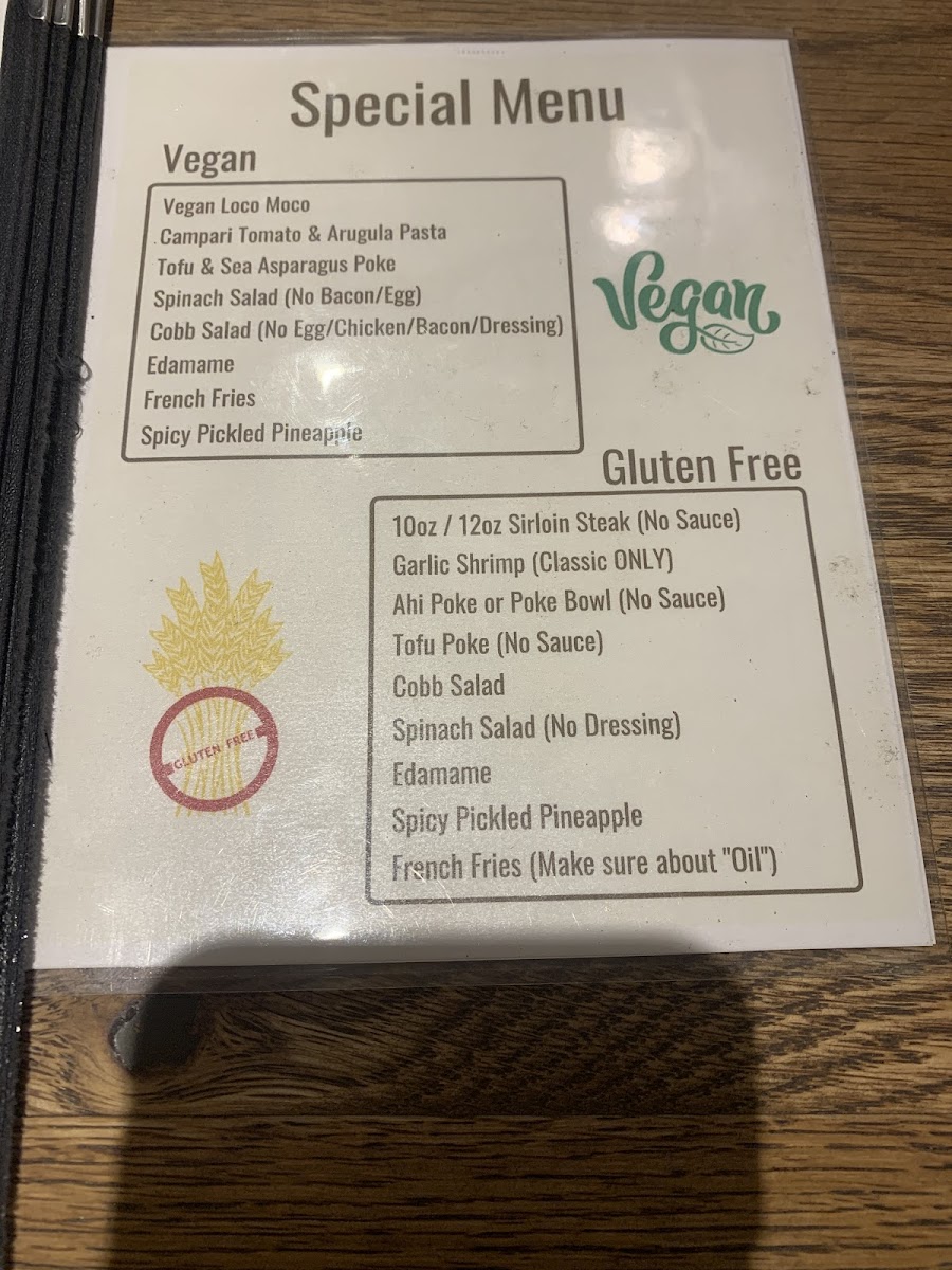 Gluten free menu as of 10/3/23