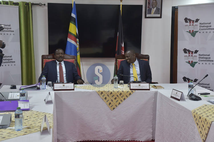 Wiper Party Leader Kalonzo Musyoka with Majority Leader Kimani Ichung'wah at the Bomas of Kenya for the Bipartisan talks on September 18, 2023.