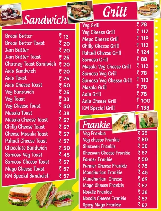 K.M. Sandwich & Frankie menu 