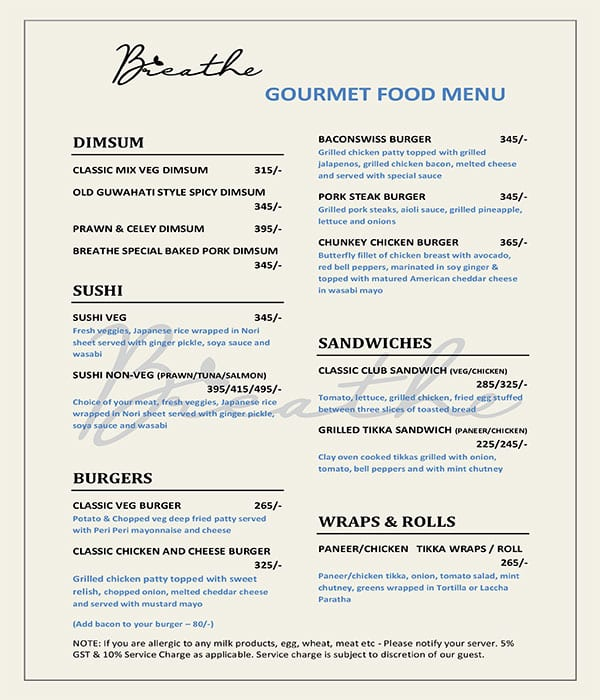 Breathe - Air Lounge & Cafe menu 