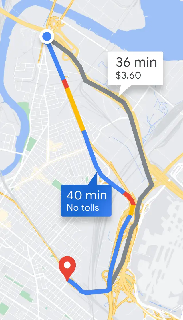 Map showing a route that avoids tolls