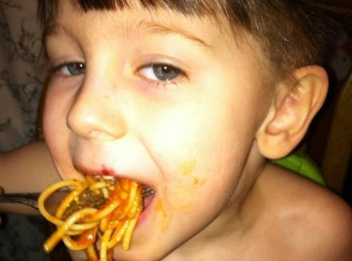 Ashton eating Watermelon Spaghettie and Meatballs.