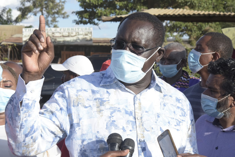 Kiambu Governor James Nyoro speaking at Theta ward while launching drilling of a borehole in the area.