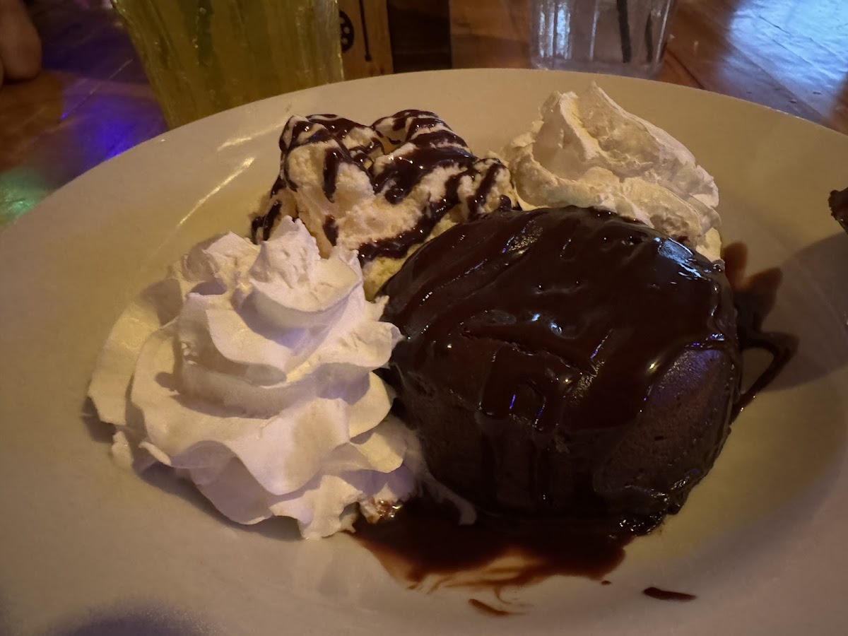 GF Lava cake with whip cream, fundge, and vanilla ice cream