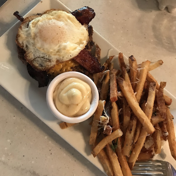 Burger! No GF bun set me back, but so glad I order it. I’d eat this burger with a fork any day! Possible cross contamination for fries, ask!