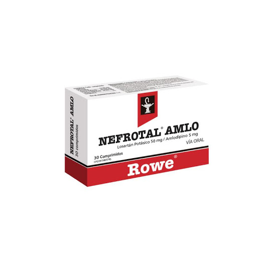 Losartán Potásico + Amlodipina 50mg/5mg Nefrotal Amlo Rowe Caja x 30 Comprimidos     