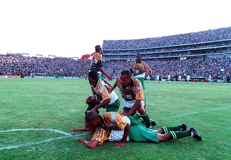 A file photo of Bafana Bafana players celebrating after Mark Williams scored his second goal in a historic 2-0 victory over Tunisia in the 1996 African Cup of Nations final in Johannesburg.