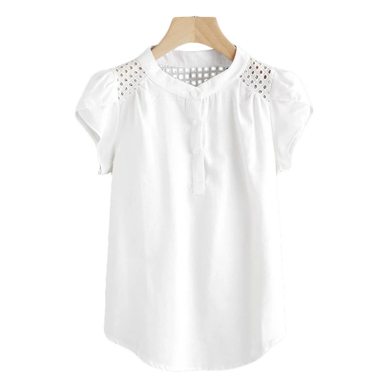 Damen Rundhals Top Shirt mit kurzen Ärmeln und Hohlnähten. Bequemes Sommer-Shirt für Frauen. Luftig leicht und vielseitig kombinierbar.