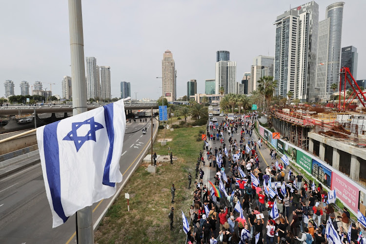 Israelis demonstrate during the "Day of Shutdown", as Israeli Prime Minister Benjamin Netanyahu's nationalist coalition government presses on with its judicial overhaul, in Tel Aviv, Israel March 23, 2023. Picture: REUTERSNIR ELIAS