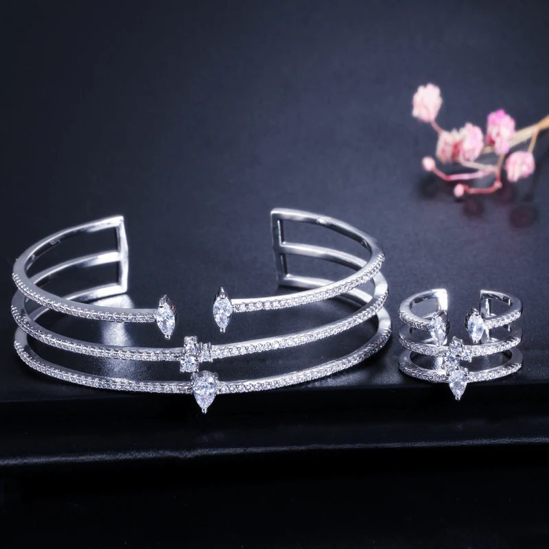 Driedelige Micro-ingezette Zirkoon Armband Ring Groen Koper