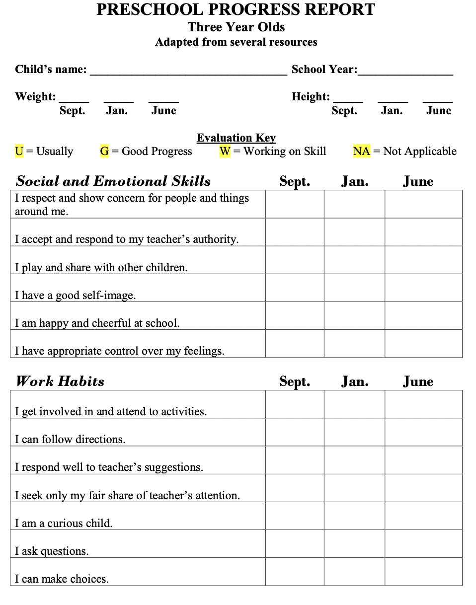 preschool progress report