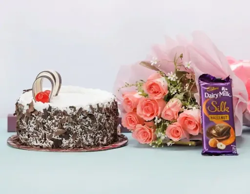 Black Forest Cake And 10 Rose Bunch 1 Dairy Milk