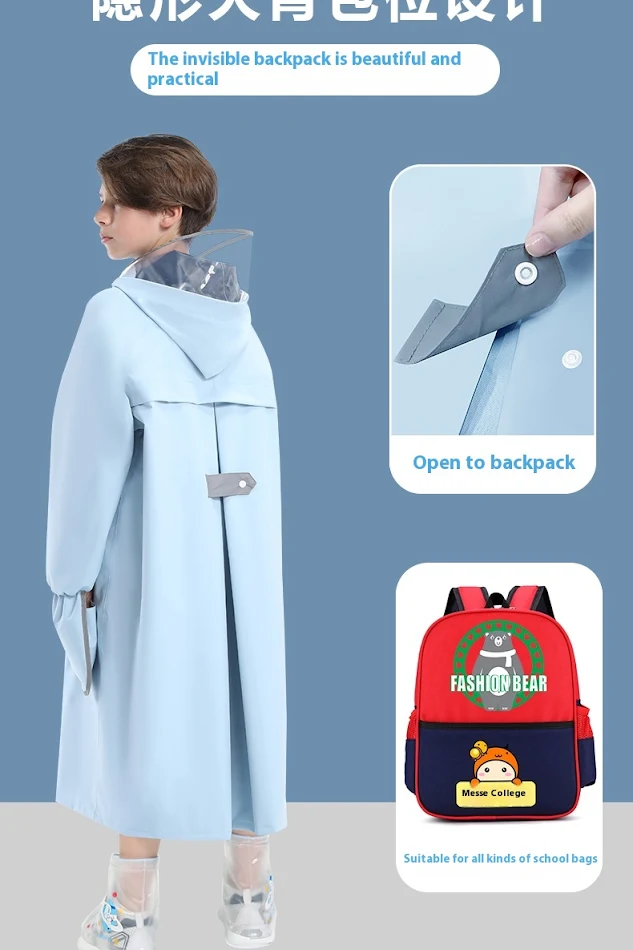 Capa de Chuva Infantil Escolar para Meninos e Meninas, com Cinto, Mochila e Assento. Proteção Completa para Estudantes do Ensino Fundamental