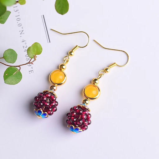 Title 1, Natural Garnet Woven Hydrangea Earrings, handcr...