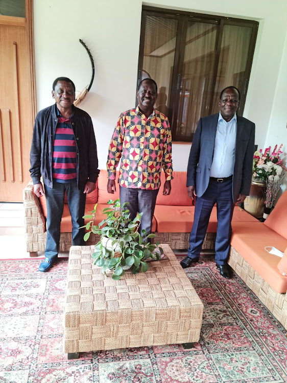 ODM Party leader Raila Odinga meeting Siaya senator James Orengo, and Kakamega governor Wycliff Oparanya./ODM