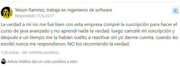 Yeison lamenta que soporte no lo haya atendido. Una mala experiencia formativa.